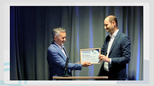 National Green Theatres Programme Clinical Lead, Dr Kenneth Barker, accepts the Healthcare Without Harm award for European Sustainable Healthcare Project of the Year